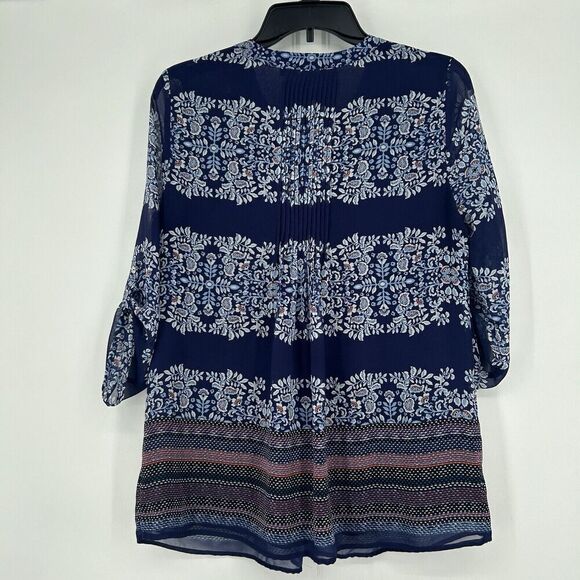 Daniel Rainn Boho Tunic Top Navy Blue Floral Pleated Roll Tab Sleeves Size S - Picture 4 of 8